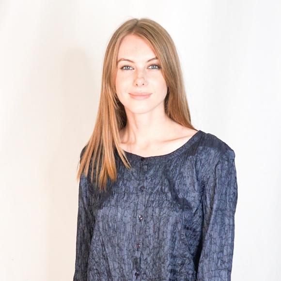 EILEEN FISHER Blue Silk Crinkle Button Shirt - Picture 7 of 8